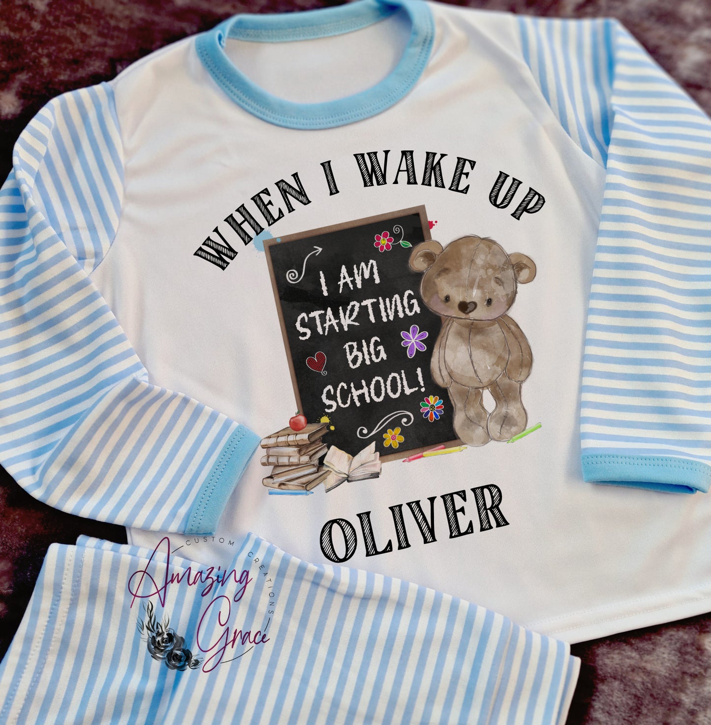 Starting School personalised stripe pj's various colours
