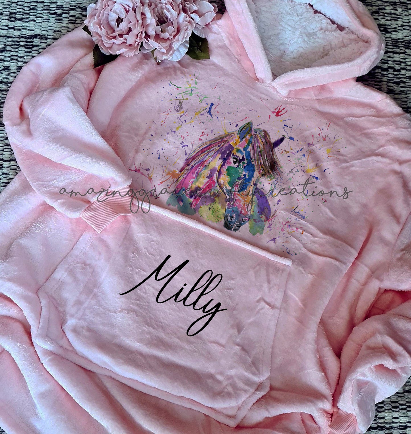 KIDS & ADULTS Watercolour splash Horse theme snuggle hoody