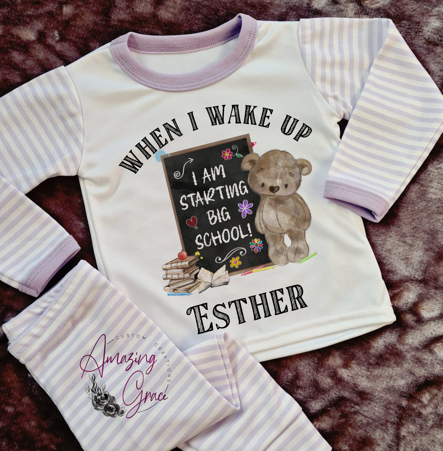 Starting School personalised stripe pj's various colours