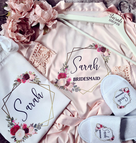 Personalised wedding party saver bundle - Adults; inc. Robe, slippers, tote bag & hanger