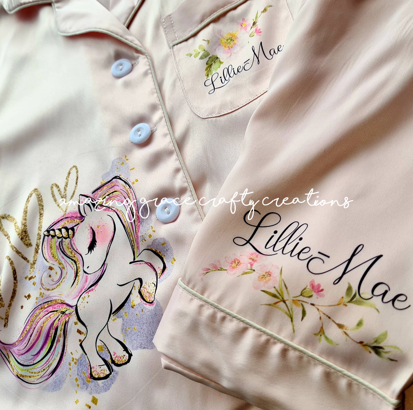 Children's Birthday unicorn themed Satin PJ set