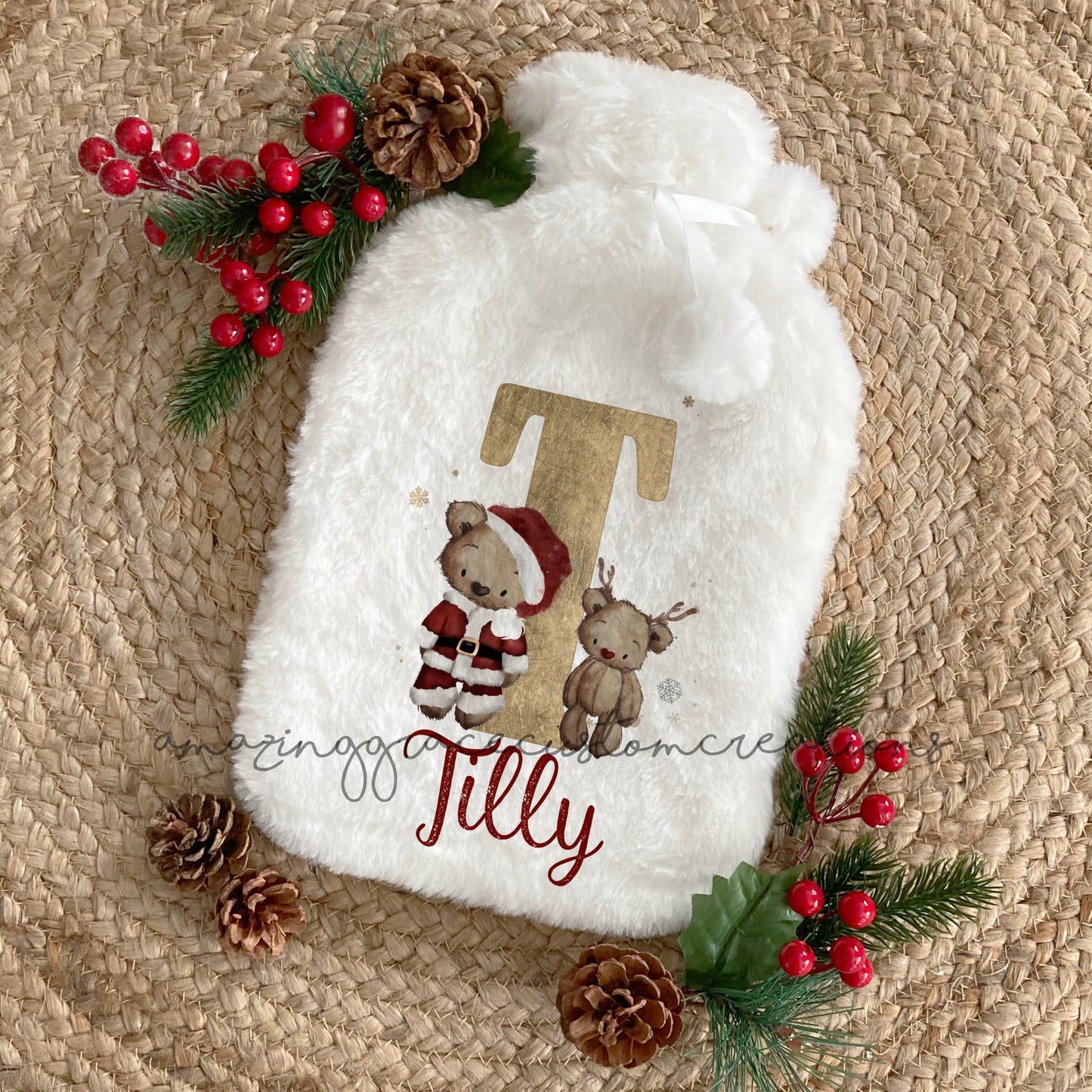 Hot water bottle with personalised plush cover - Christmas Bear initial
