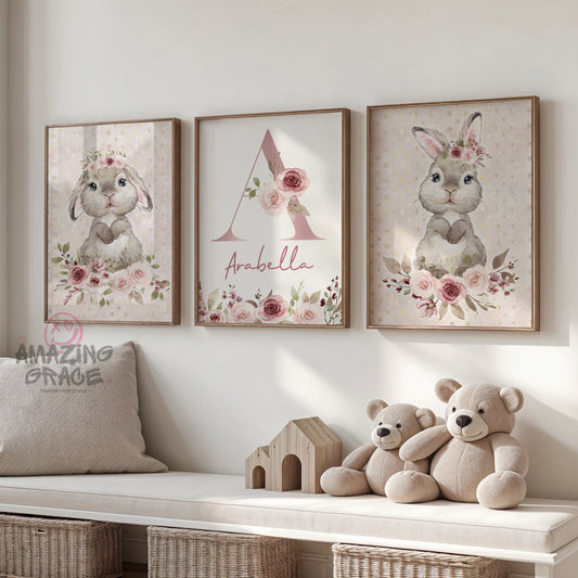 Set of 3 Personalised A4 nursery print - boho floral bunny