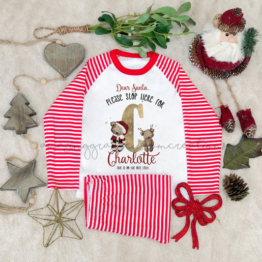 Family personalised SANTA BEAR pyjamas RED STRIPE