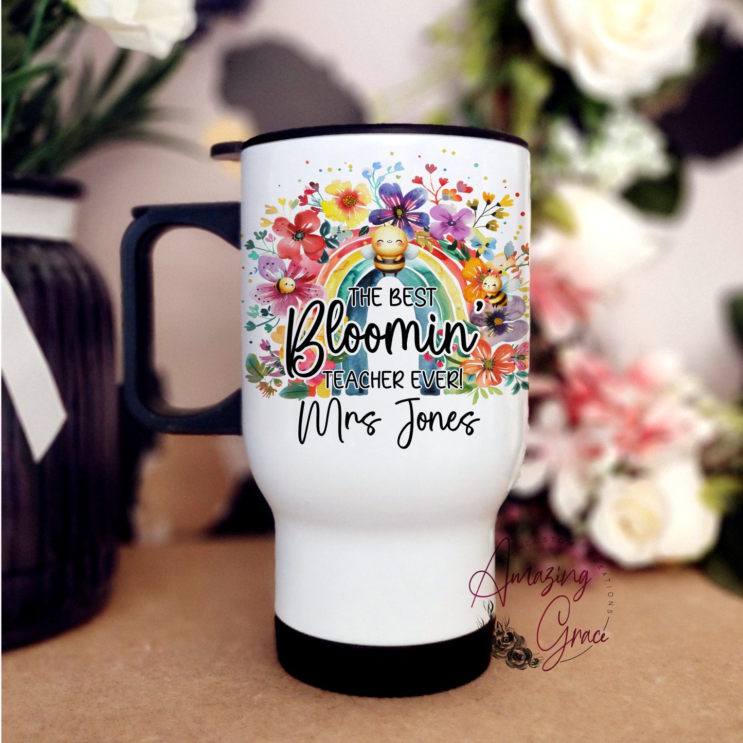 Teachers lidded travel mug - BLOOMING RAINBOW