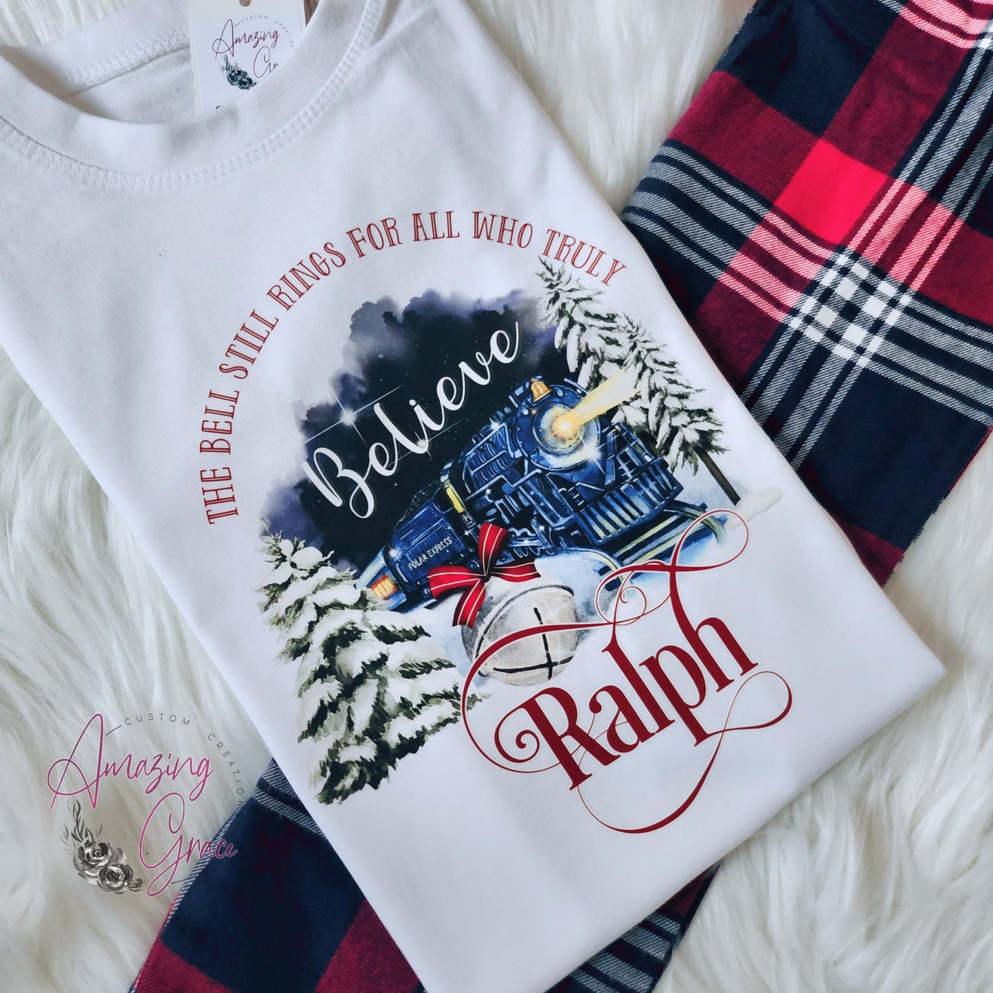 Family POLAR EXPRESS PJs personalised pyjamas - white/tartan