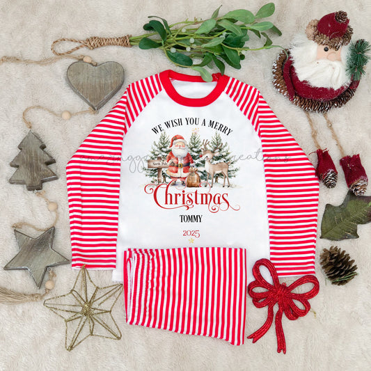 Family personalised SANTA SCENE pyjamas RED STRIPE