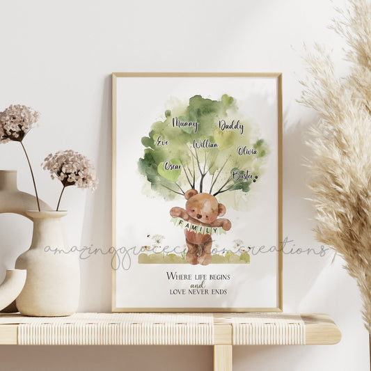 Personalised A4 Bear theme Family Tree print - 3 colour choices