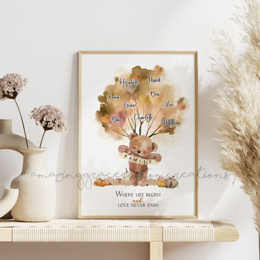 Personalised A4 Bear theme Family Tree print - 3 colour choices