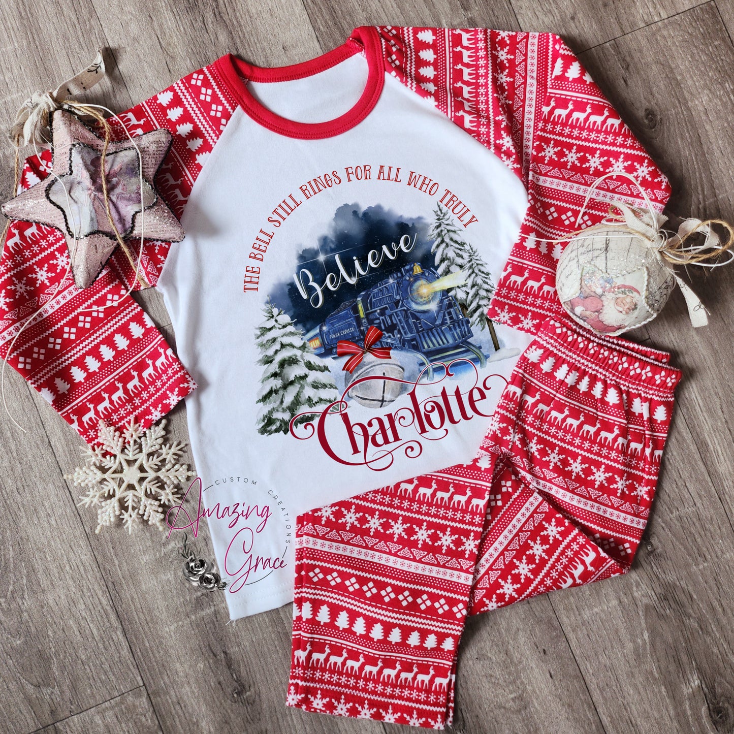 Family POLAR EXPRESS PJs personalised pyjamas - Red Patterned