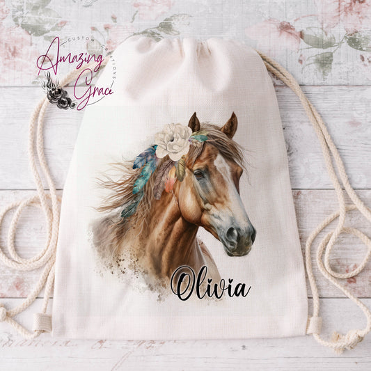 Linen feel drawstring bag - Boho floral horse, personalised