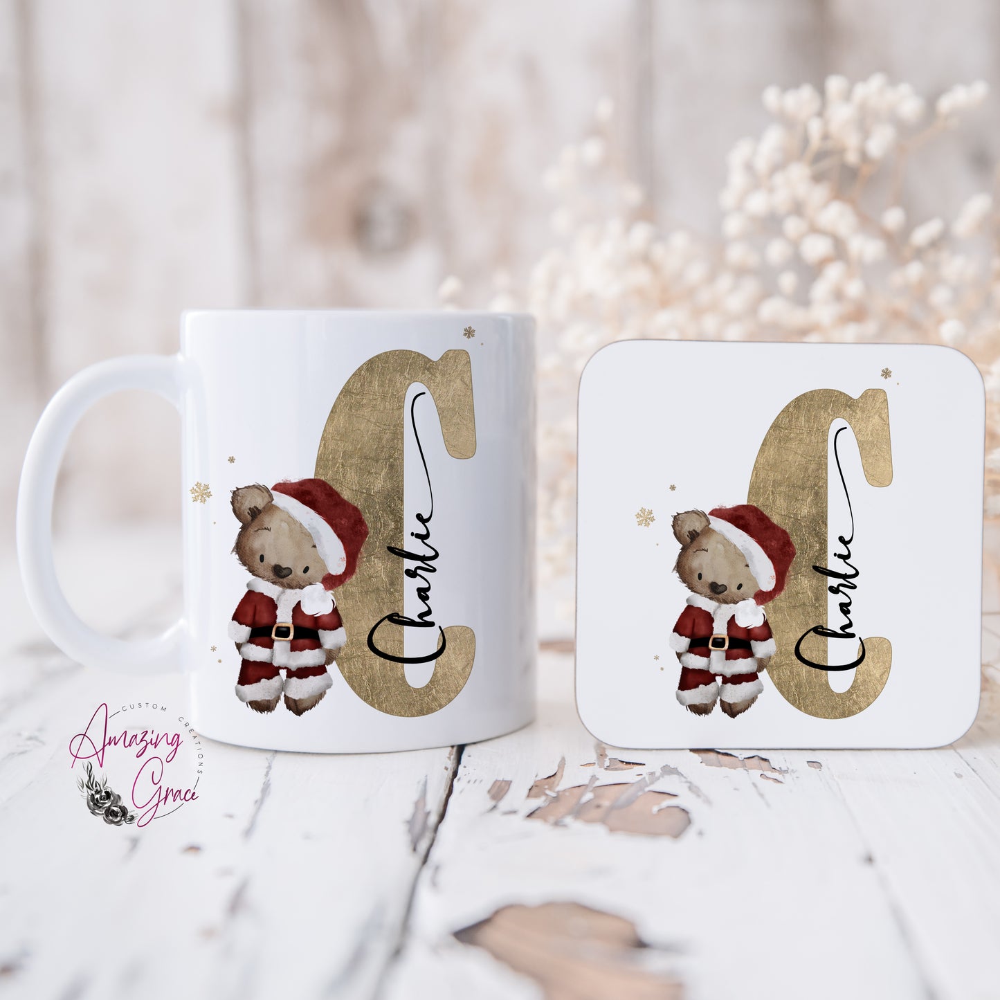 Personalised Christmas teddy initial mug