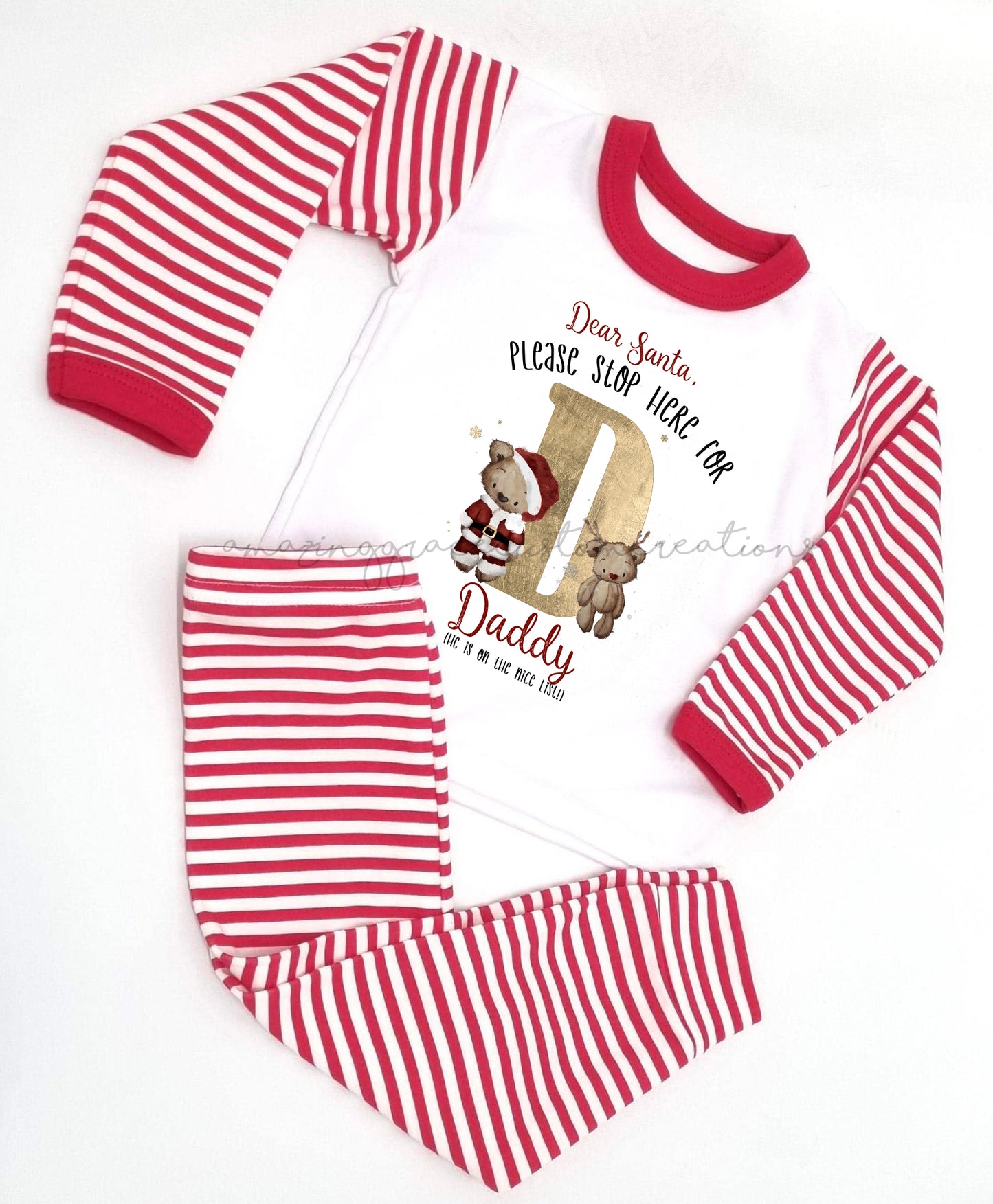 Family personalised SANTA BEAR pyjamas RED STRIPE