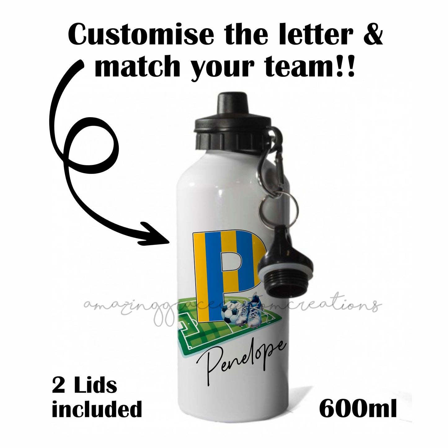 Customised Football drinks bottle - 600ml Aluminium 2 lids