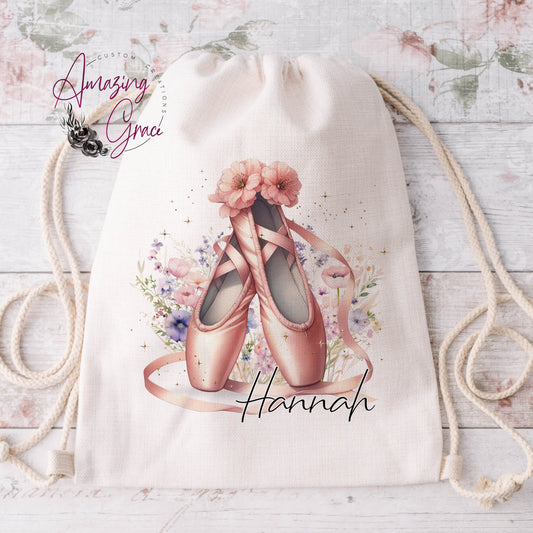 Linen feel drawstring bag - Floral ballet, personalised