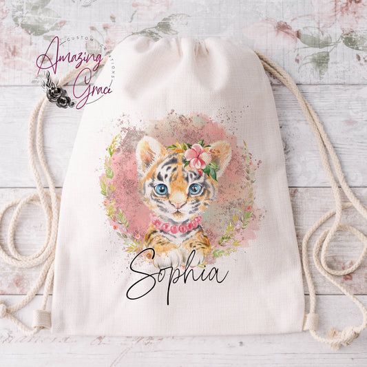 Linen feel drawstring bag - Cute tiger, personalised