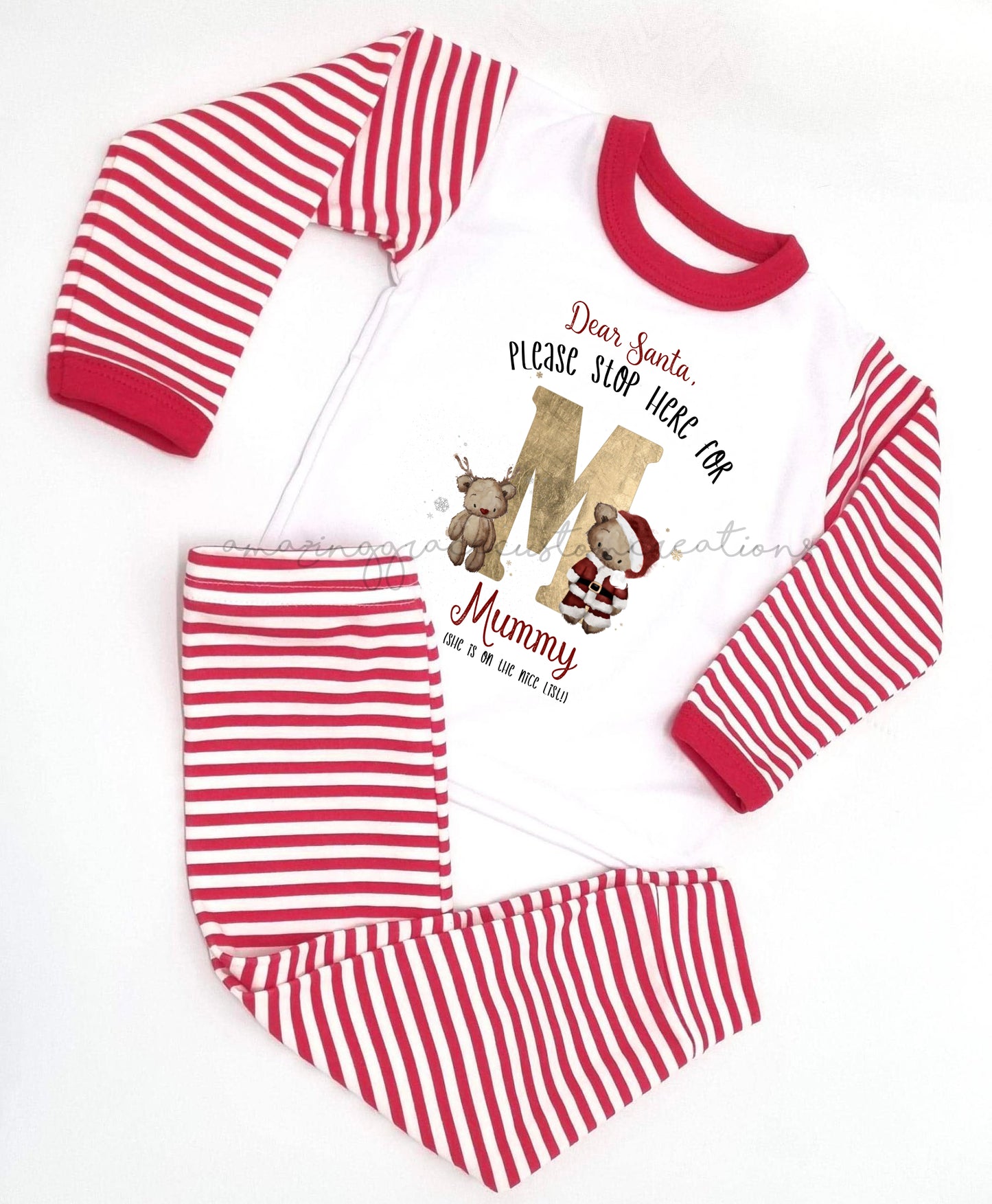 Family personalised SANTA BEAR pyjamas RED STRIPE