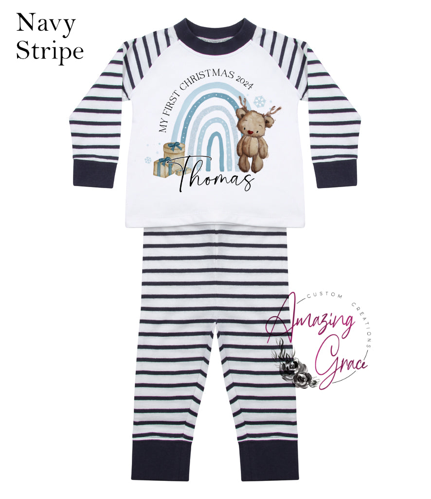 Baby/Toddler personalised 1ST CHRISTMAS rainbow pyjamas - PINK/NAVY stripe