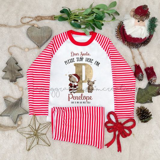 Family personalised SANTA BEAR pyjamas RED STRIPE