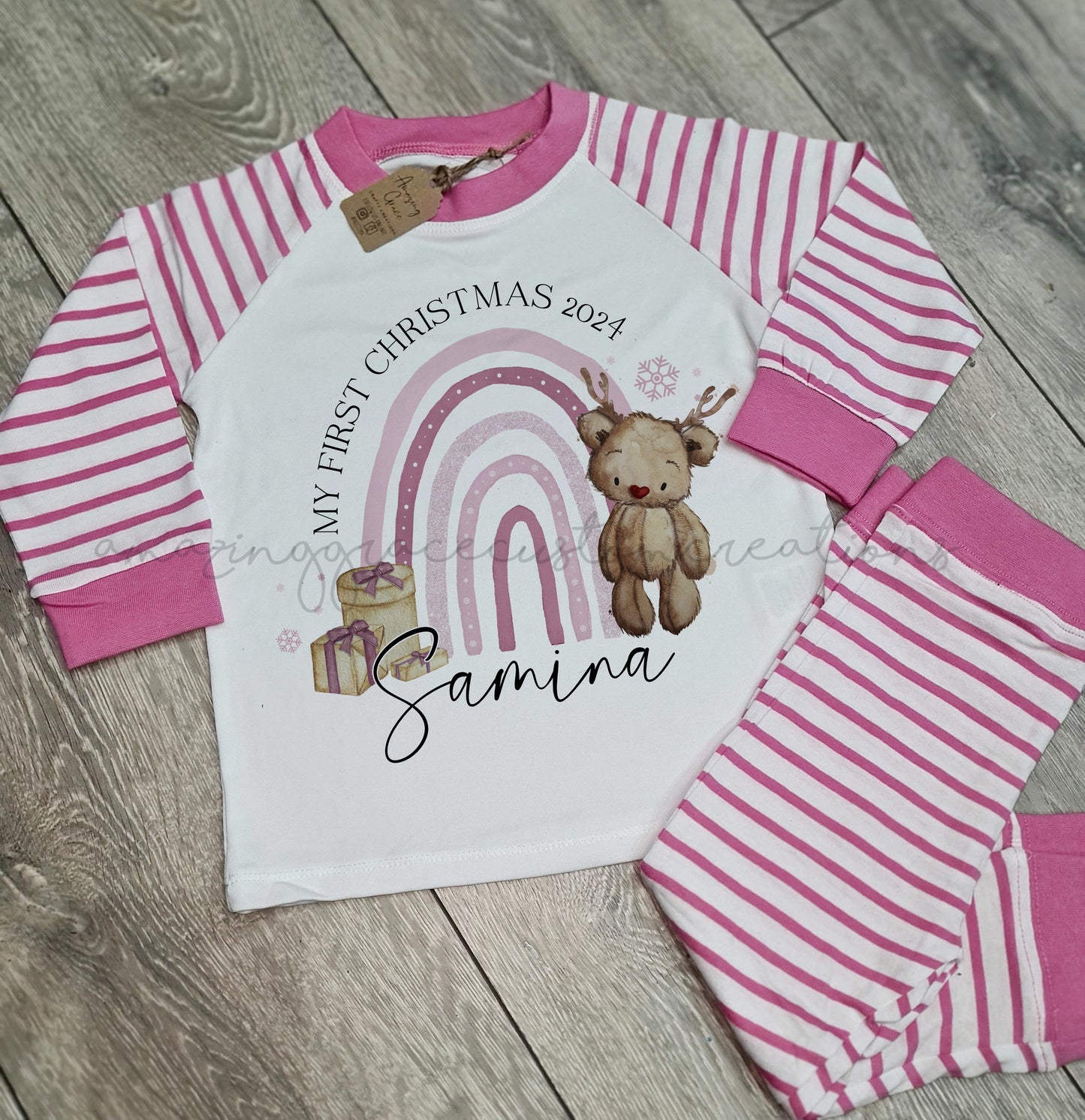 Baby/Toddler personalised 1ST CHRISTMAS rainbow pyjamas - PINK/NAVY stripe