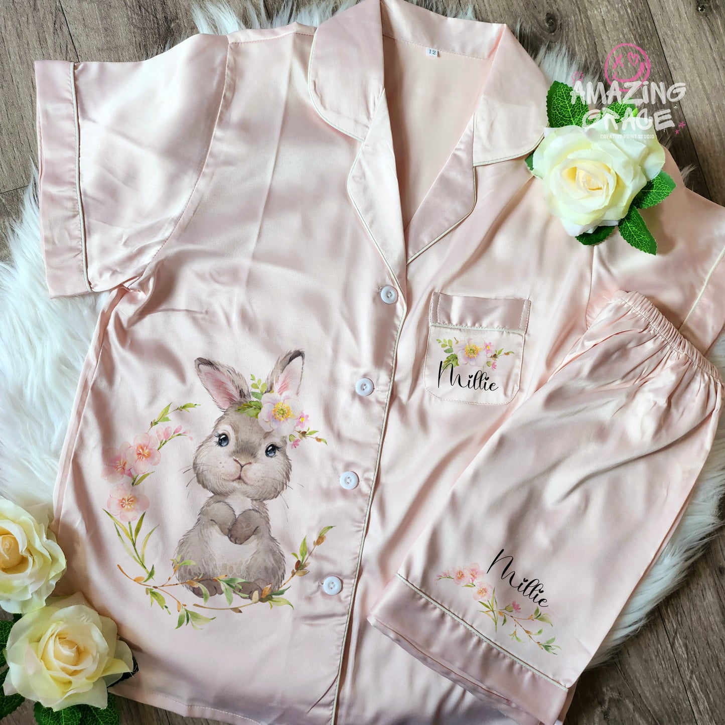 Children's Personalised Easter Bunny themed Satin PJ set