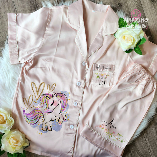 Children's Birthday unicorn themed Satin PJ set