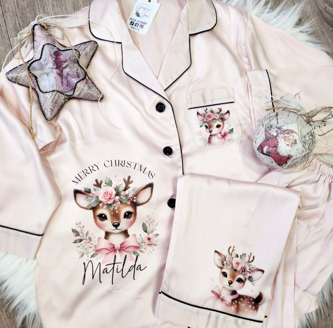 Children & Adults Satin Christmas PJ's - Floral Deer