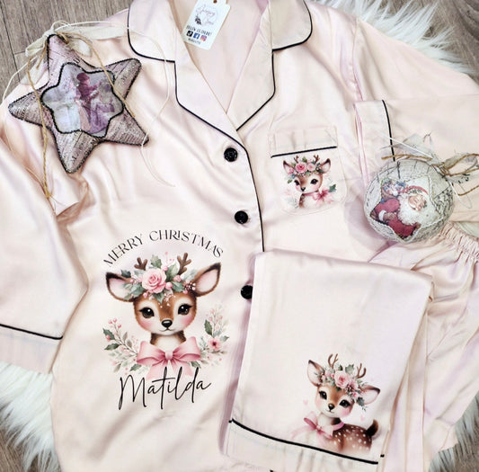 Children & Adults Satin Christmas PJ's - Floral Deer