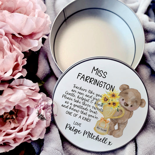 Personalised sweet/treats tin - teacher thank you gift FLORAL BEAR