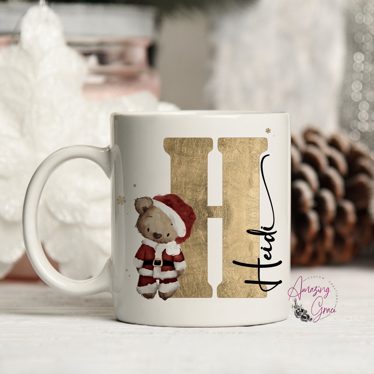 Personalised Christmas teddy initial mug