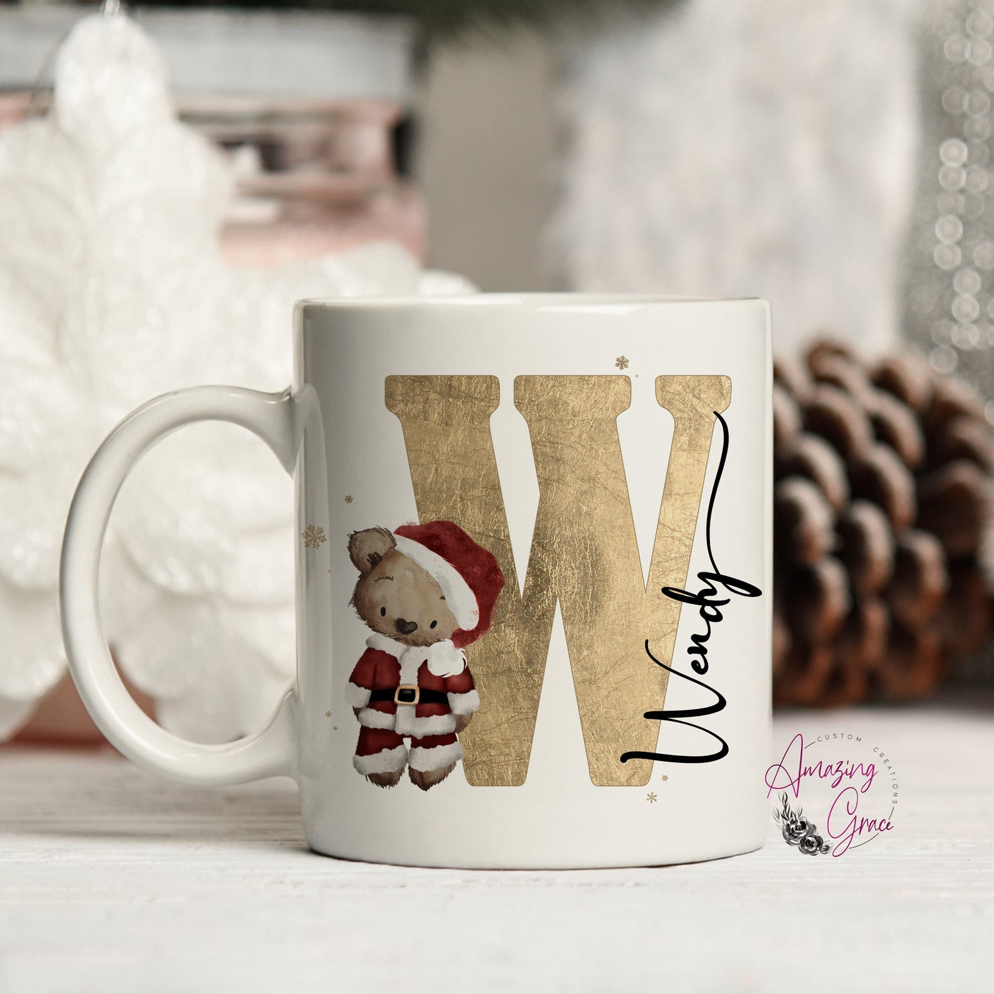 Personalised Christmas teddy initial mug