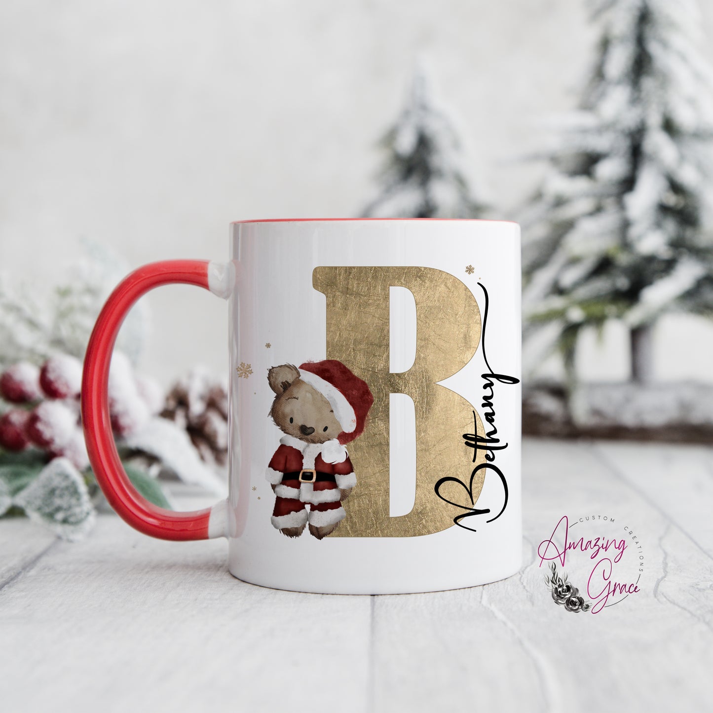 Personalised Christmas teddy initial mug