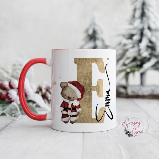 Personalised Christmas teddy initial mug