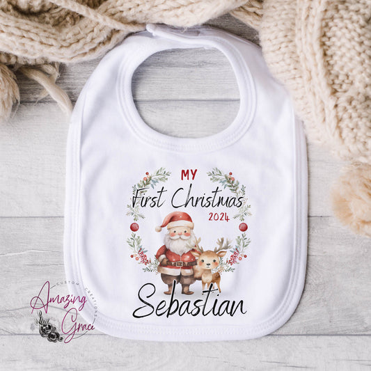 SANTA WREATH  - 1st Christmas Baby Grow / Sleepsuit