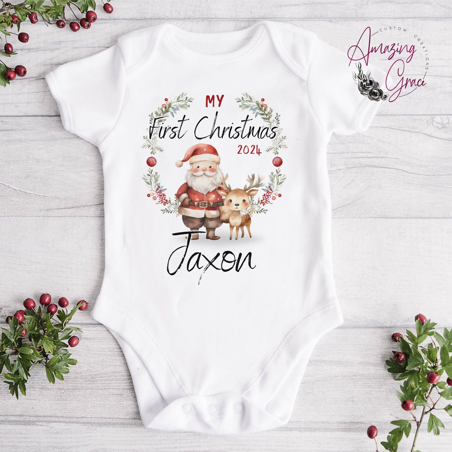 2024 WREATH design - 1st Christmas Baby Grow / Sleepsuit