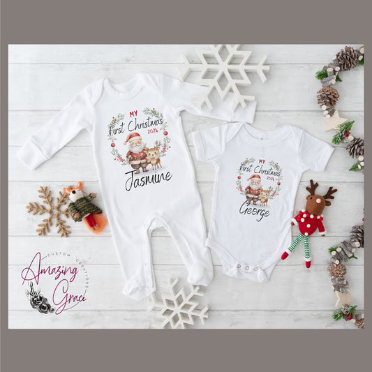 SANTA WREATH  - 1st Christmas Baby Grow / Sleepsuit