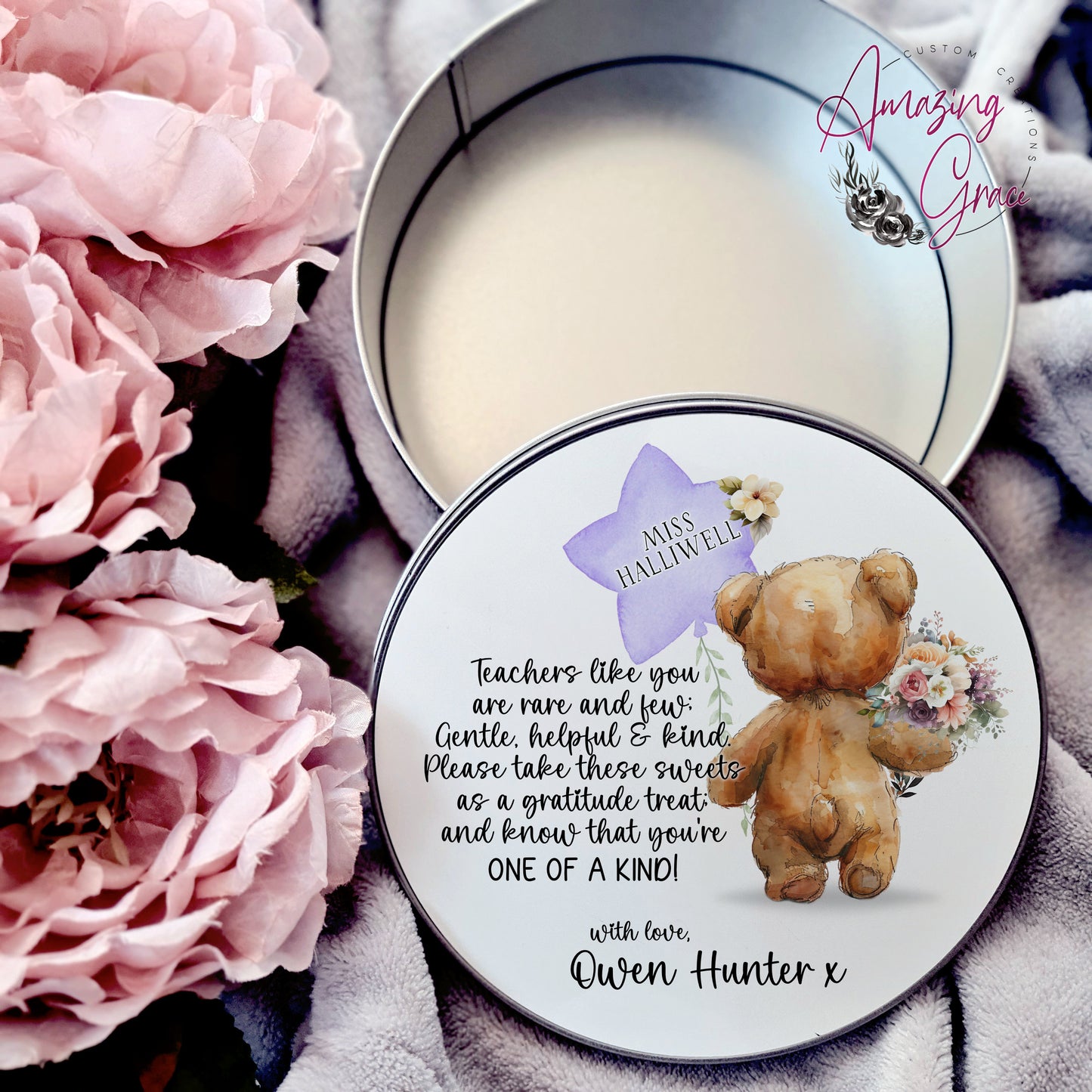 Personalised sweet/treats tin - teacher thank you gift FLORAL BALLOON