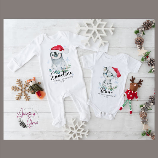 SNOW LEOPARD/PENGUIN - 1st Christmas Baby Grow / Sleepsuit