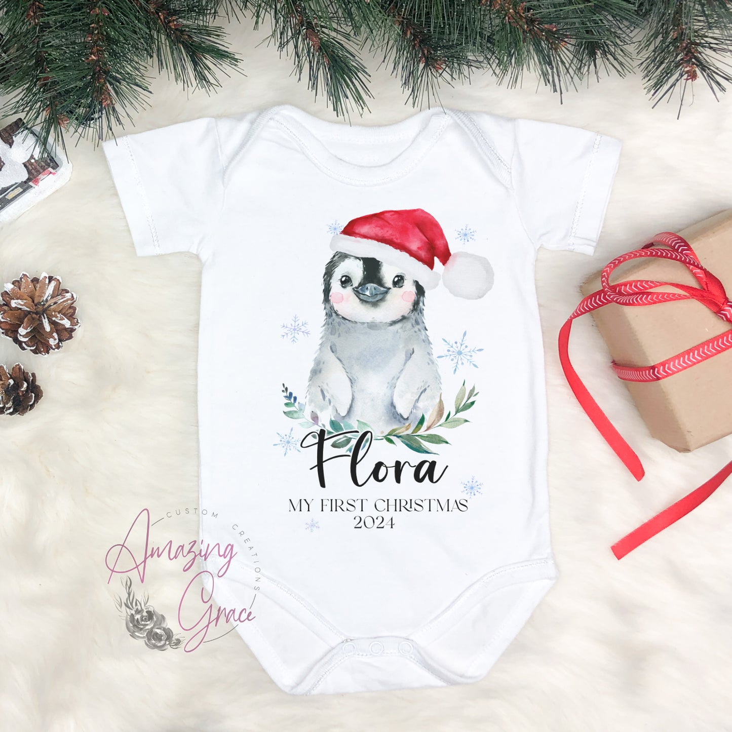 Snow leopard/Penguin - 1st Christmas Baby Grow / Sleepsuit