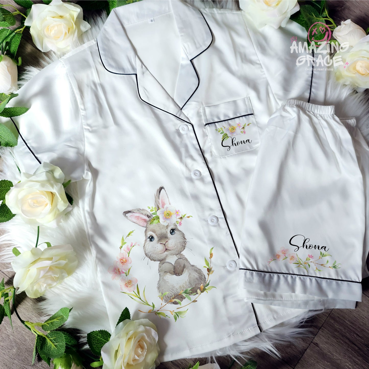 Children's Personalised Easter Bunny themed Satin PJ set