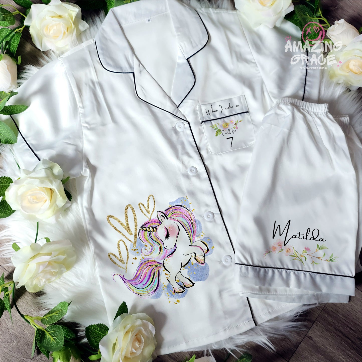 Children's Birthday unicorn themed Satin PJ set