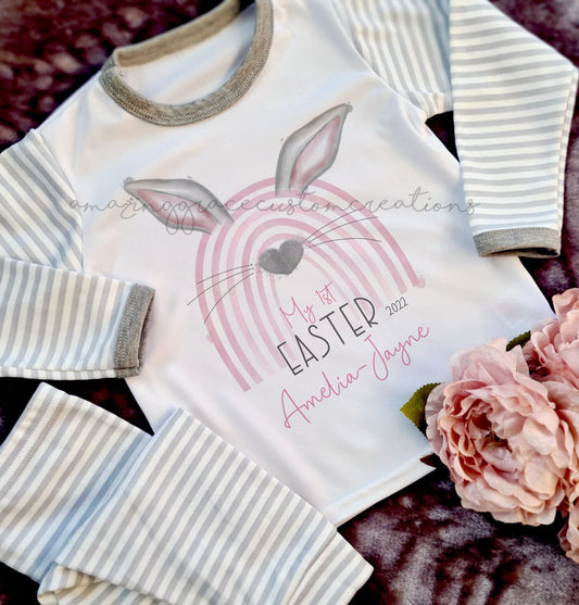 1st Easter bunny-bow stripe pj's