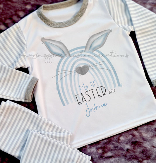 1st Easter bunny-bow stripe pj's