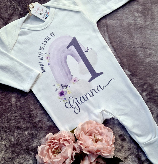 Lilac watercolour rainbow personalised birthday romper 6-12 months