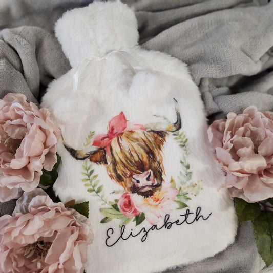 Hot water bottle with personalised plush cover - Highland Cow