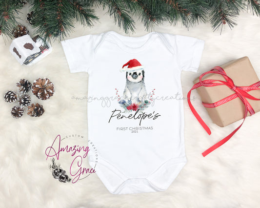 1st Christmas baby vest - PENGUIN/SNOW LEOPARD