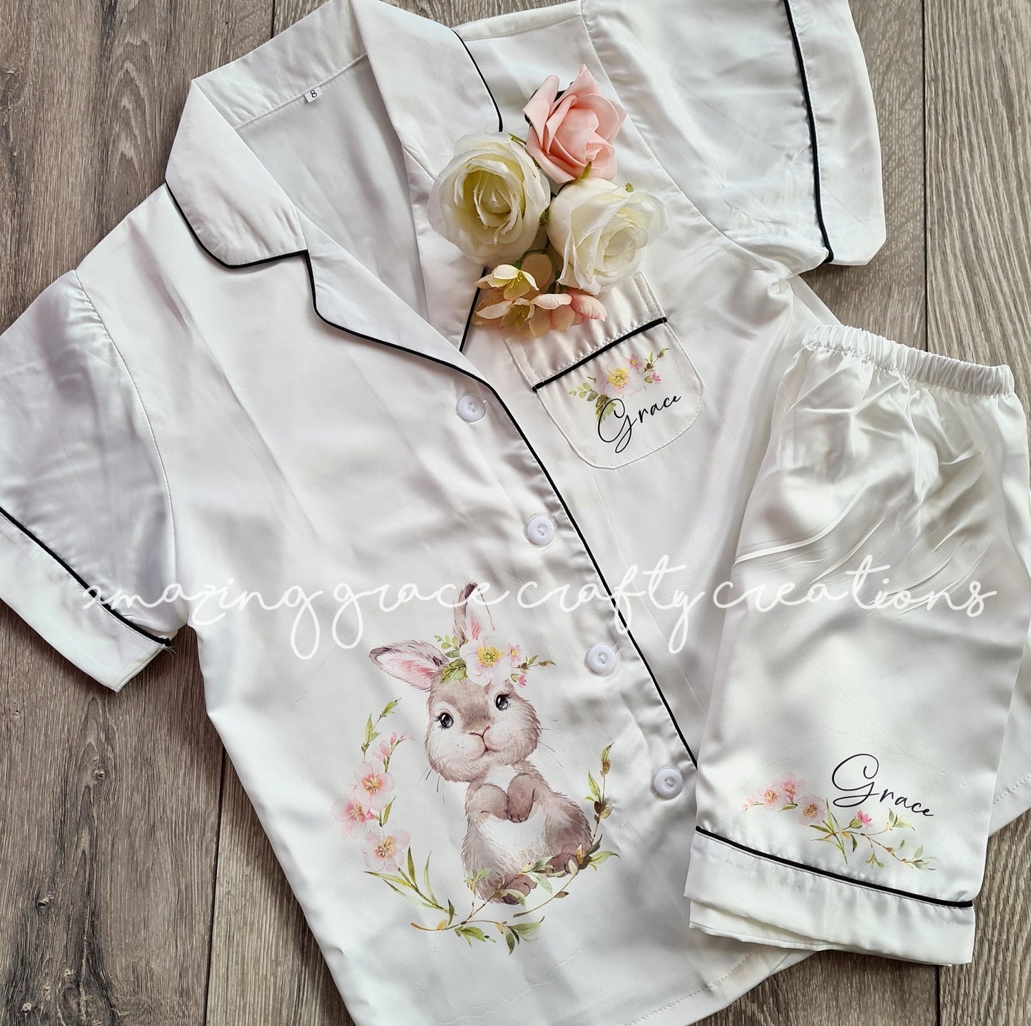 Children's Personalised Easter Bunny themed Satin PJ set