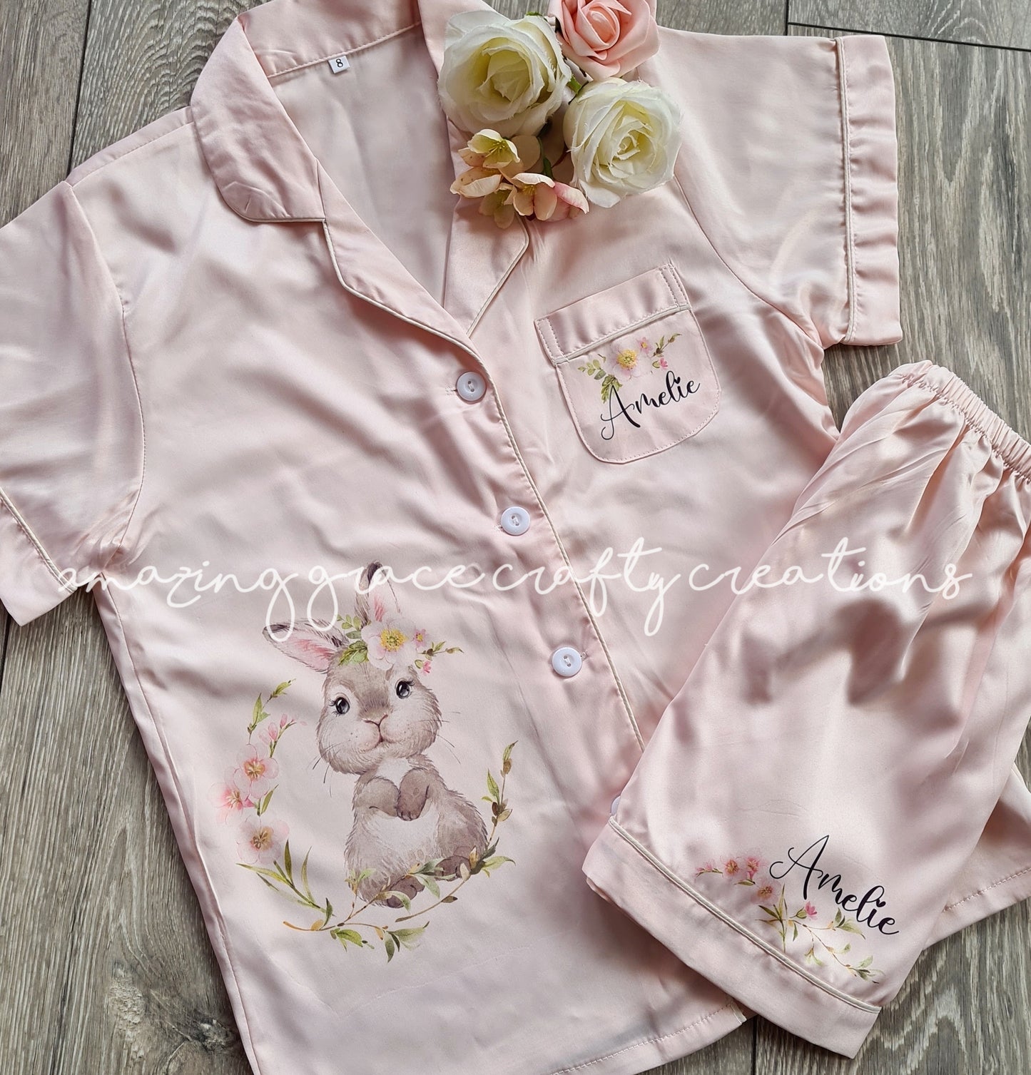 Children's Personalised Easter Bunny themed Satin PJ set