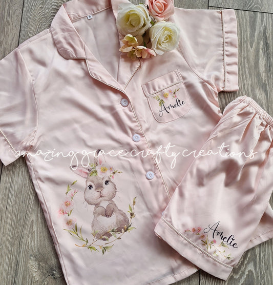 Children's Personalised Easter Bunny themed Satin PJ set