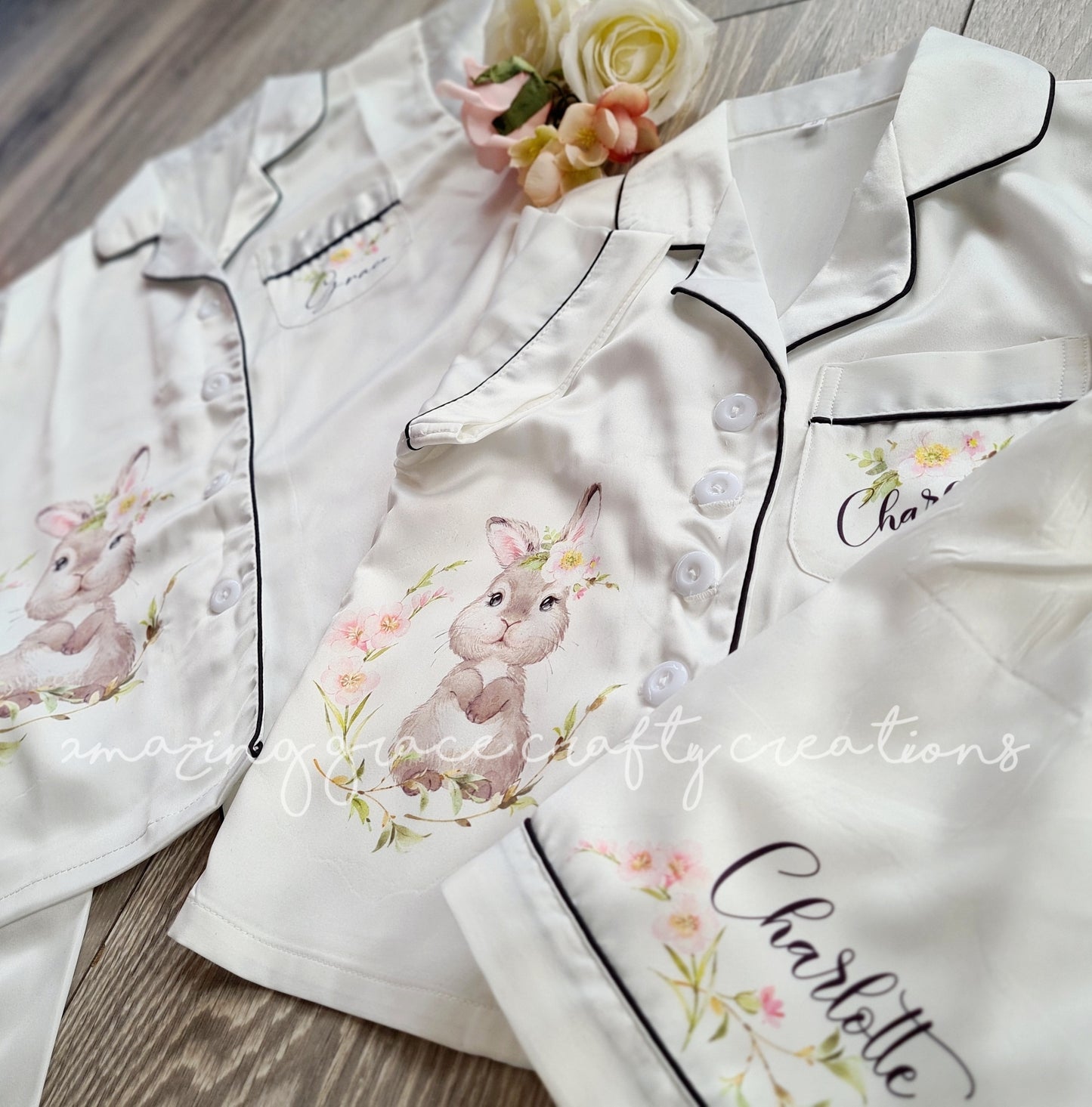 Children's Personalised Easter Bunny themed Satin PJ set